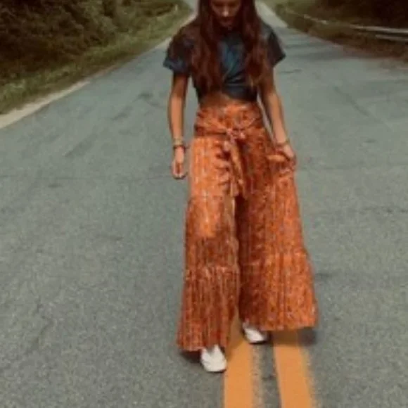 Paisley Palazzo waist Tie Lounge Pants Orange - Picture 7 of 16